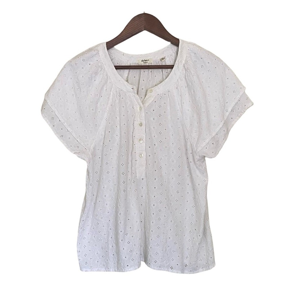 Dylan White Eyelet Embroidered Flutter Sleeve Henley Boho Blouse Women's M